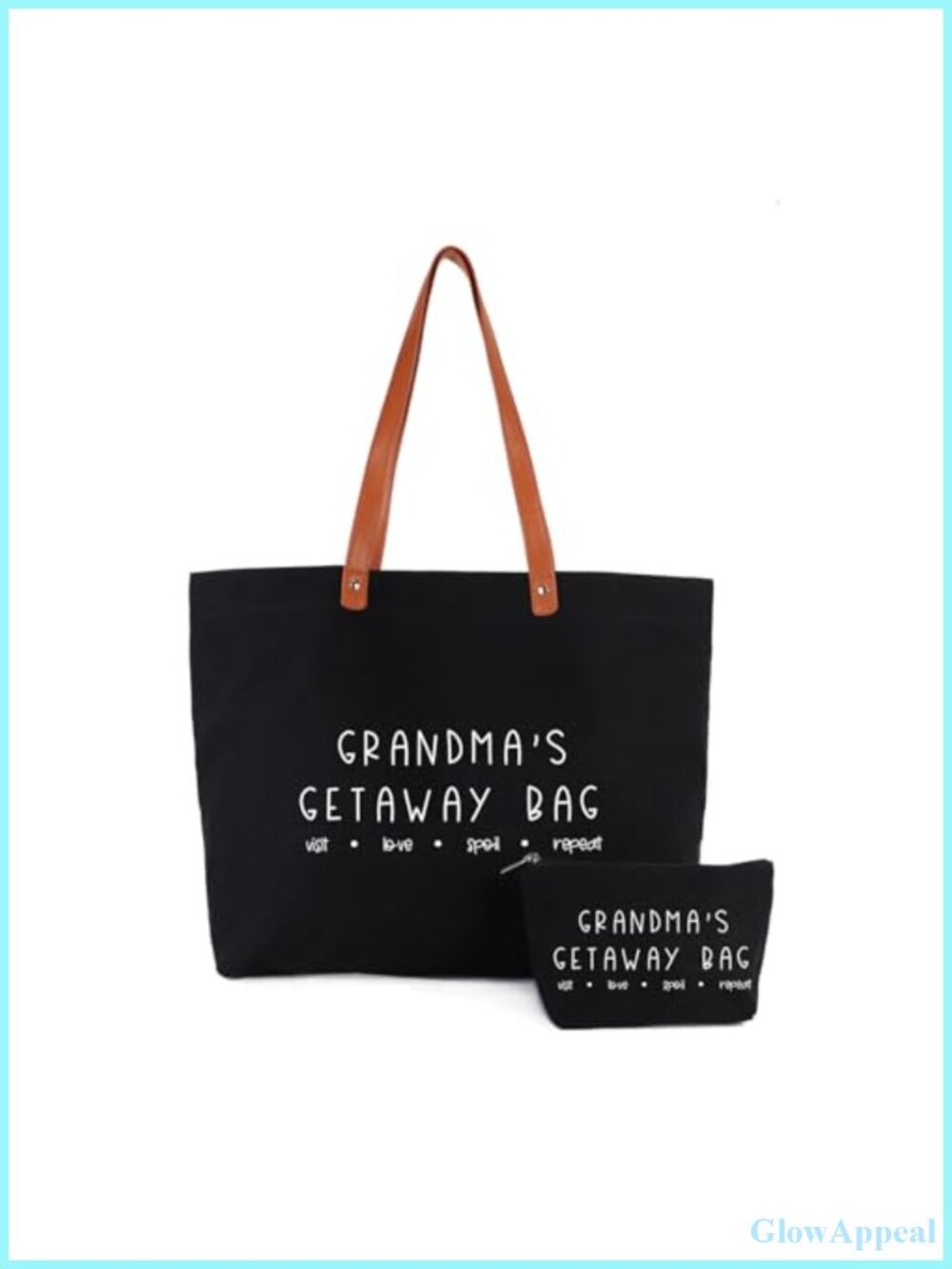 Grandma's Getaway Tote Bag with Makeup Bag, Vegan Leather Handle, Cotton